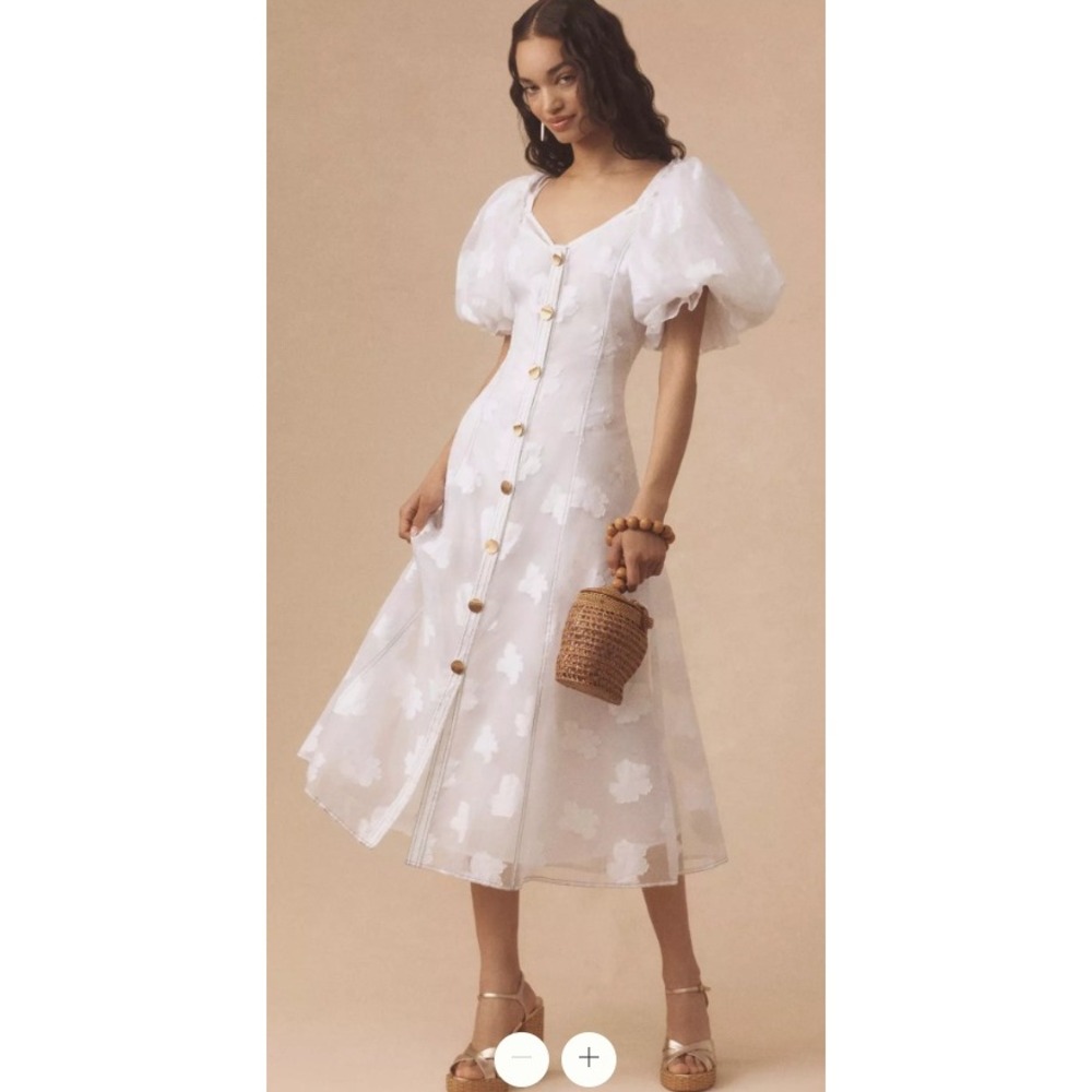Anthropologie Let Me Be Floral Sheer Midi Dress Womens S White Puff Sleeve Party